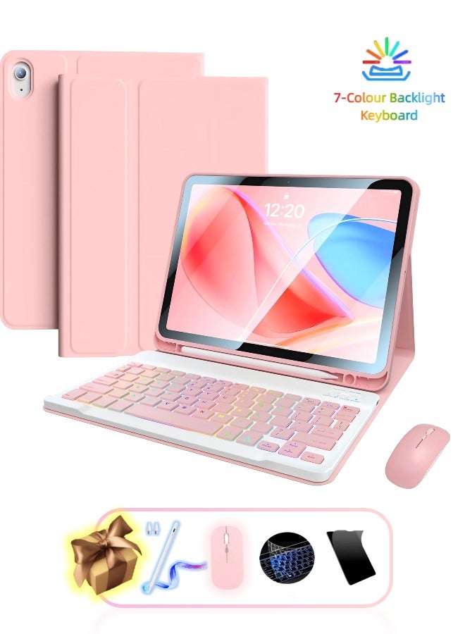 غطاء كيبورد للآيباد من الجيل العاشر/الحادي عشر (موديل A16 2025) - لوحة مفاتيح قابلة للفصل بإضاءة خلفية متعددة الألوان، حامل، مكان للقلم، تشغيل/إيقاف تلقائي، يشمل فأرة بلوتوث، حامي شاشة، قلم رقمي وغطاء لوحة المفاتيح، باللون الوردي - Image 1